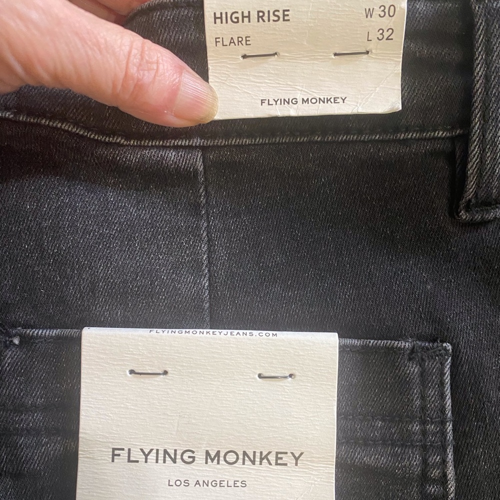 NWT Flying Monkey Black High Rise Flare Stretch Jean SZ 30 Patch Pockets Retro - Picture 10 of 13